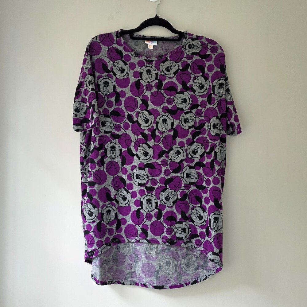 LULAROE Minnie Mouse Irma Tunic Top | XXS | Short Sleeves Oversize Purple Dot